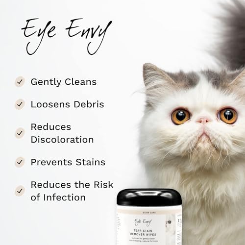 Eye Envy Tear Stain Wipes for Cats. Textured to Gently Clean Tear Stains. Natural Formula. Recommended by Persian & Exotic Breeders, Groomers. USA Made. 60 Cat Eye Wipes
