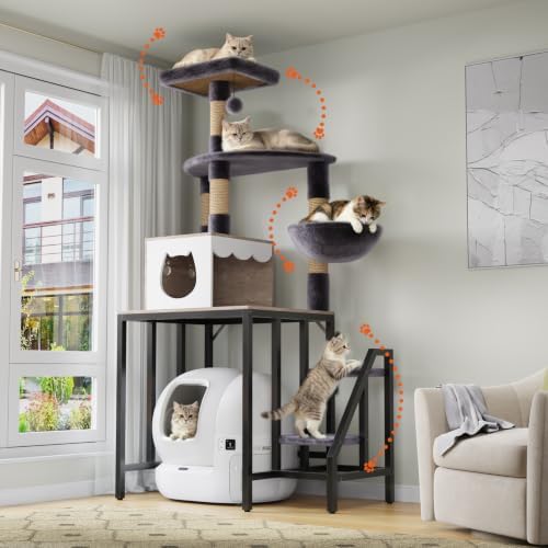 HavenlyYouth Cat Tree for Self-Cleaning Litter Box, 67.3''H Multi-Level Cat Tower for Automatic Litter Box 28.9H*24.1''L*21.1''D, Cat Tree Furniture with Perch and Cozy, Light Gray