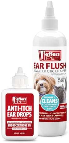 Jeffers Ear Flush and Anti-Itch Ear Drops Bundle for Dogs & Cats, Otic Ear Cleaner with Ketoconazole and Hydrocortisone for Pet Hygiene, Grooming, Ear Wax and Odor Care