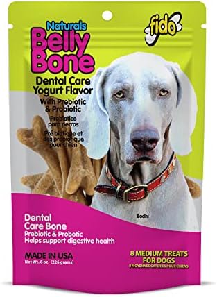 Fido Belly Bones for Dogs, Medium - 8 Count - Yogurt-Flavor Dental Treats for Medium Dogs - Plaque & Tartar Control for Fresh Breath - Digestive Support - Made in USA