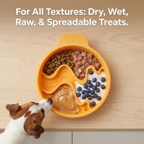 Silicone Slow Feeder Dog Bowl, Ombre Puzzle Maze with 4 Suction Cups, Flexible Travel Bowl for Fast Eaters (Yellow)