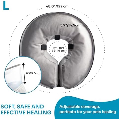 Dog Inflatable Neck Collar - Inflatable E Collar for Dogs - Comfortable Elizabethan Cone with Detachable Anti-Licking Shield - Dog Donut Cone - Doughnut for Dogs After Surgery (Grey, L)