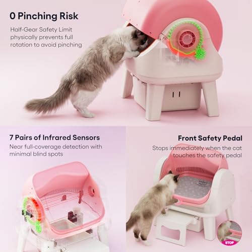 PetPivot Open Top Self Cleaning Cat Litter Box, Automatic Litter Box with 7 Pairs of Safety Sensors, Anti-Pinch Protection and Easy Access Step for Senior Cats, Pink