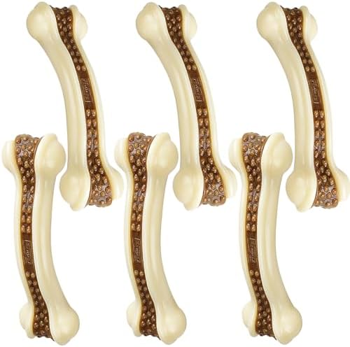 Dog Chew Bones Toys for Aggressive Chewers, 6 Pack Real Beef Flavor Bones,Indestructible Dog Toys for Large/Medium Breed, NylonToys