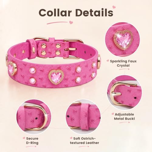 Rhinestone Dog Collar with QR ID Tag, Ostrich-Embossed, Pink, S | Crystal Dog Collar with Ostrich-Embossed Texture, Adjustable Waterproof Fit and QR Scan Pet ID for Stylish Daily Wear