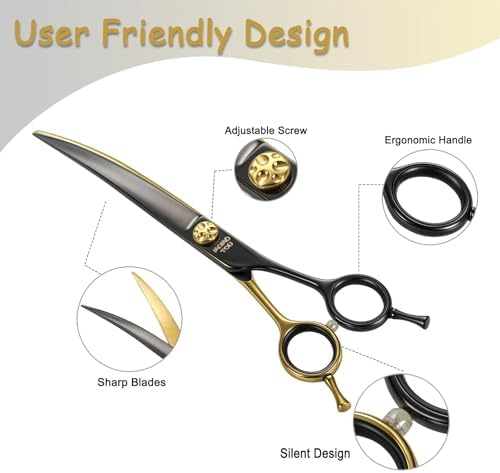 7'' Black & Gold Dog Grooming Scissors Set with Comb Curved Thinning Chunker Straight Shears 4PCS in Scissors Bag 440C Stainless Steel Sharp and Durable for Groomers and Beginners.