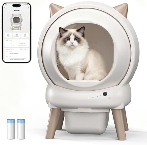 Self Cleaning Litter Box - E2 Automatic Cat Litter Box Smart Self Cleaning Robot for Cats, Double Safety Protection, App Control, 2 Roll Garbage Bags & Mat（White & Grey