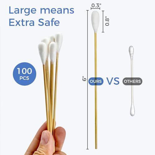 GOLD HONEY 6 Inch Large Cotton Swabs, Dog Ear Swabs with Bamboo Handle