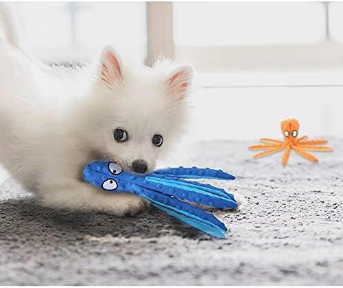 WishLotus Octopus Dog Chew Toy, No Stuffing Plush Dog Squeaky Toy with Crinkle Paper in Legs, Corduroy Interactive Dogs Play Teething Toys for Small, Medium Dogs (Orange)
