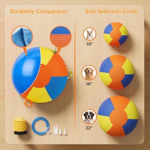 10/18/22" Herding Ball for Dogs & Horses - Tear-Resistant Inflatable Toy with Heavy-Duty Handle Cover & Pump - Durable Exercise Ball for Large Pets (Large)