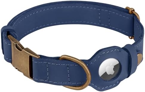 AirTag Dog Collar - Genuine Leather Dog Collar with Apple AirTag Holder and Metal Buckle - Smart GPS Tracking Pet Collars (Smoky Blue, S, 12"-15" Neck Fit) (Smoky Blue, XL, 20"-25" Neck Fit)