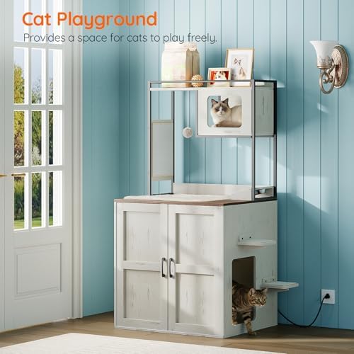 HOOBRO Cat Automatic Litter Box Enclosure Furniture, 30.5" L x 26.8" W x 61" H, Hidden Robotic Litter Box Cabinet, Dog-Proof Shelf with Charging Station, Scratching Mat, Bowls, White WH68UMZ03