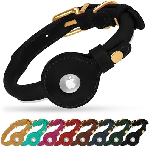 OOPSDOGGY Rolled Leather Dog Collar with Airtag Holder - Reflective Round Airtag Dog Collar - Soft Tracking Pet Collar for Small Dogs Puppy Cats Kitten (Black, L, 14"-18")