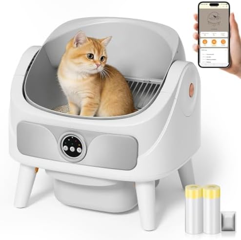DuckSky Automatic Litter Box, Open-Top Self Cleaning Cat Litter Box for Multiple Cats, Large Capacity Robot, APP Control, Safety Protection,1 Odor Eliminator, 2 Rolls Litter Liner Bags,