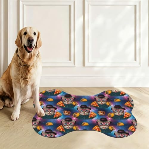 Galaxy Space Cat Eat Pizza Dog & Cat Food Mat Bone Shaped Pet Feeding Mat