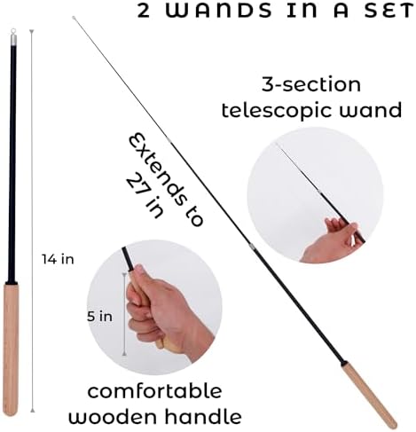 Cat Toys for Indoor Cats, Interactive Cat Wand Toy Set – 2 Retractable Wands with Wooden Handles, 9 Refills (Feathers & Worms) – 2 Mesh Tube Strings & 1 Elastic String for Cats and Kittens