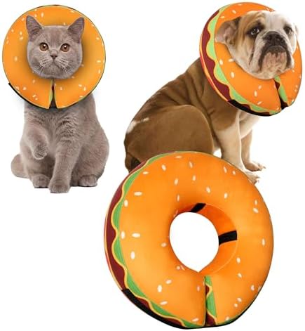Inflatable Dog Cone Collar for Large Medium Small Dogs, Soft Adjustable Recovery Cone Collar for Dogs Cats,Dog Neck Donut Cone Alternative After Surgery(Hamburger,X-Large