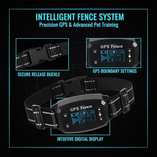 GPS E-Fence Collar, Wireless Dog Collar Fence System, 0.018-1.2 Miles / 30-2000 m Safety Distance, Bark Trainer with 3 Correction Modes for Pet Training, IPX6 Waterproof ABS, Black 1000mAh Battery
