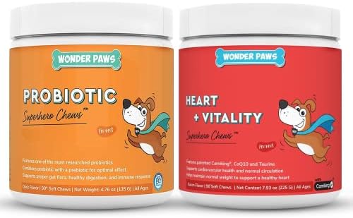 WONDER PAWS Probiotic Superhero Chews Plus Heart + Vitality Chews - for Dog’s Gut Health, Digestion, Immune Support, Heart Health & Circulation - Probiotic 90 Chews - Heart + Vitality 90 Chews