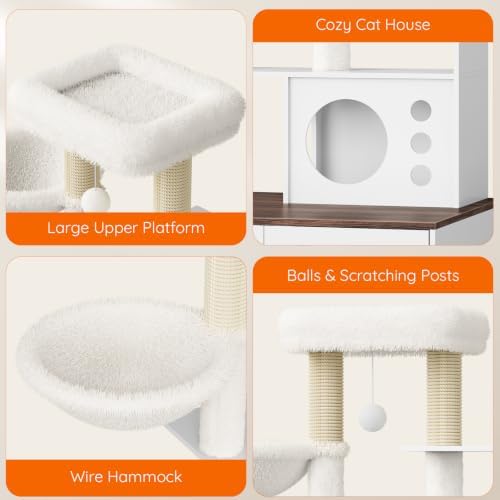 HOOBRO Modern Automatic Litter Box Enclosure with Charging Station, Large Cat Litter Boxes Furniture for Self-Cleaning Litter Boxes, All-in-One Dog Proof Feeding Station, White and Walnut WH69UMZ03
