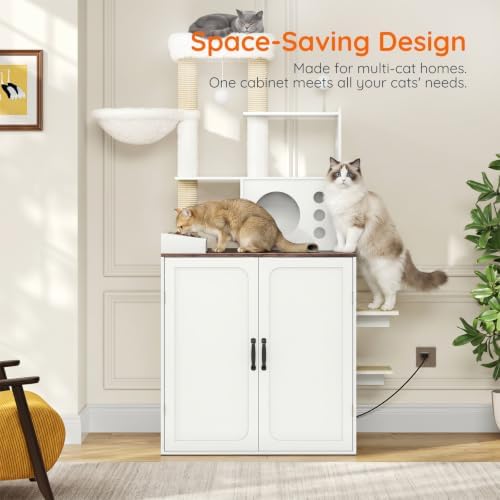 HOOBRO Modern Automatic Litter Box Enclosure with Charging Station, Large Cat Litter Boxes Furniture for Self-Cleaning Litter Boxes, All-in-One Dog Proof Feeding Station, White and Walnut WH69UMZ03