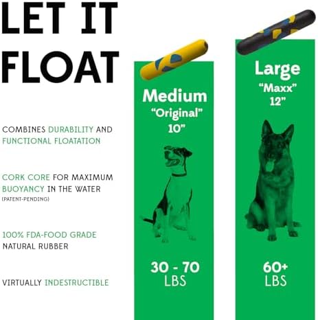 Goughnuts Medium Water Stick – Floating Dog Toys for Water Fetch, Interactive Heavy Duty Dog Pool Toy for Aggressive Chewers, Natural Reinforced Rubber Float, USA Made, 30-70 lbs Dogs