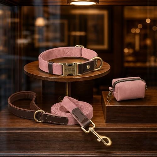 Personalized PU Leather Dog Collars, Quick Release Buckle, Pink,M