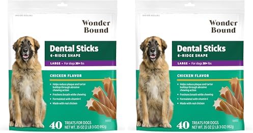Wonder Bound Chicken Dental Sticks for Large Dogs | 40 Count Pack of 2 | Plaque & Tartar Control | 6-Ridge Shape