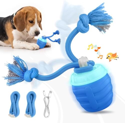Interactive Dog Toys, Automatic Rolling Dogs Toy with Rope for Medium/Large Dogs, Touch Activated Moving Dog Ball for Boredom(Blue)
