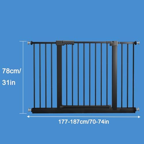 Smart Auto-Close Pet Gate for Dogs & Cats, Escape-Proof 3-Lock Heavy-Duty Stair Gate, 180° Swing Adjustable Dog Gate for Doorways & Stairs(Size:177-187cm/70-74in,Color:Black)