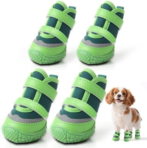 Dog Shoes for Small Dogs, Breathable Dog Boots Paw Protector for Hot Pavement Winter Snow, Dog Booties with Reflective Strips Rugged Anti-Slip Sole for Hardwood Floors Outdoor Walking Green Size 1