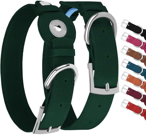 Leather Dog Collar with Airtag Holder - Apple Air Tag Dog Collars - Soft Tracking GPS Pet Collar for Small Medium Large Dogs Breed Puppy (Green, M, 12"-15" Neck Fit)