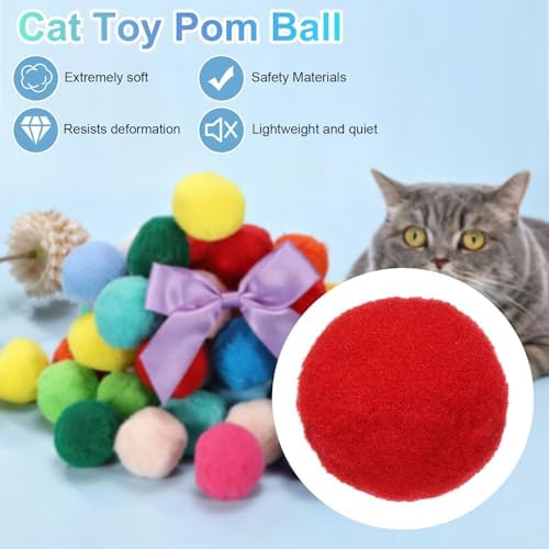 Cat Toy Pom Ball, Interactive Cat Ball Toys Fuzzy Pompoms (Plush, 1.2Inch, 30Pcs, Bright Red) for Kittens Pet Enrichment Training Play Indoor