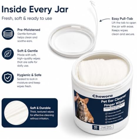 Pet Ear Cleaning Finger Wipes for Dogs & Cats, 50 Count, Unscented Ear & Eye Cleaning Wipes, Soft Non-Woven Finger Wipes for Wax, Dirt & Tear Stain Removal, Gentle Daily Grooming