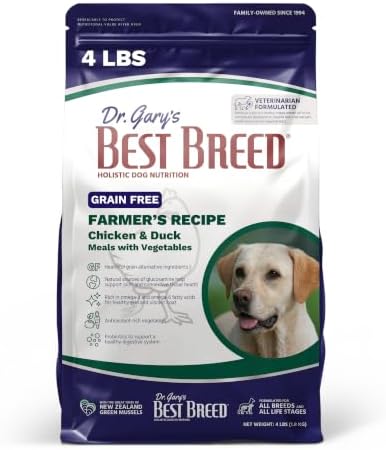 Dr. Gary’s Best Breed Grain-Free Dry Dog Food, Chicken & Duck for Sensitive Stomach & Skin, All Life Stages, Farmer’s Recipe, 4 lb Bag