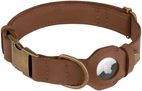 AirTag Dog Collar - Genuine Leather Dog Collar with Apple AirTag Holder and Metal Buckle - Smart GPS Tracking Pet Collars (Tawny, L, 17"-21" Neck Fit)
