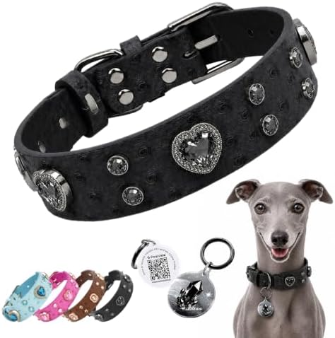 Rhinestone Dog Collar with QR ID Tag, Ostrich-Embossed, Black, M | Crystal Dog Collar with Ostrich-Embossed Texture, Adjustable Waterproof Fit and QR Scan Pet ID for Stylish Daily Wear