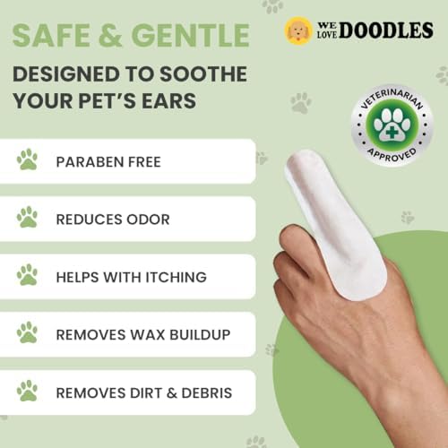 We Love Doodles Dog Ear Cleaner Finger Wipes & Dog Ear Swabs - Dog Ear Cleaner, Presoaked Dog Ear Wipes, Dog Ear Cleaning Solution,Double Sided Qtips for Dogs, Large Wooden Cleaner Balls Tool