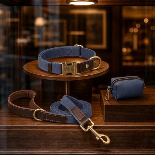 Personalized PU Leather Dog Collars, Quick Release Buckle, Blue,L