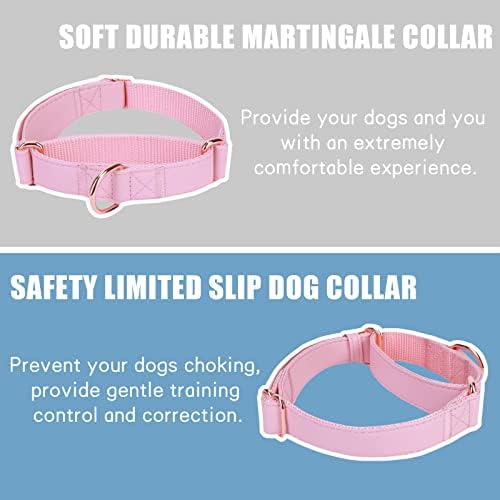 Soft Leather Martingale Dog Collar - Adjustable Rose Gold Limited Slip Collars [Easy to Clean], Stylish Durable Heavy Duty Nylon No Pull Training Collar for Small Medium Large Dogs L Pink