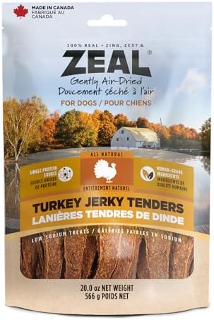 ZEAL Natural Turkey Jerky Tenders for Dogs, 100% Real Canadian Turkey, Lean Weight Management Protein, Grain Free, Soft Training Treats, Air-Dried, Made in Canada, 20oz