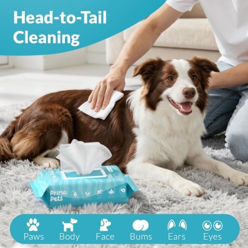 Prime Pets Dog Wipes for Paws and Butt, 300 Count, 8" x 6" Pet Grooming Wipes for Dogs Cats Cleaning Deodorizing, Unscented Dog Paw Wipes, Puppy Wipes for Face Bum Eyes Ears Teeth