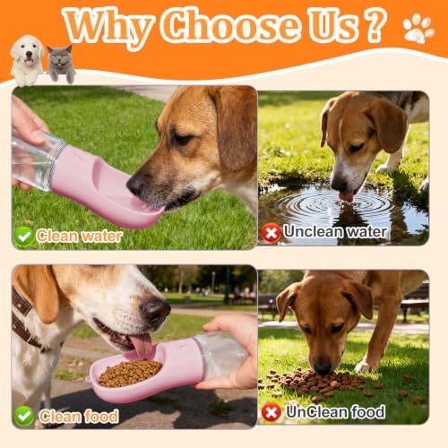 Portable Dog Water Bottle with Food Container, Pink, 19oz