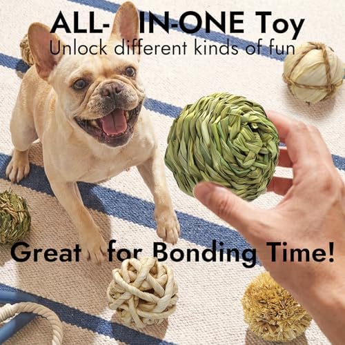 Natural Dog Chew Toy, 1pcs Woven Grass Chew Ball for Dogs, Dental Teething Toy & Interactive Fetch Toys, Outdoor Rattan Digestible Chew Ball for Boredom Relief - Seaweed & Corn Silk