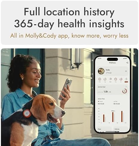 Molly&Cody GPS + Bluetooth Pet Tracker for Cats & Dogs – Real‑Time Tracking, Virtual Fence, IP67 Waterproof, Up to 60‑Day Battery, Health Monitoring, iOS/Android – Subscription Required (Red)