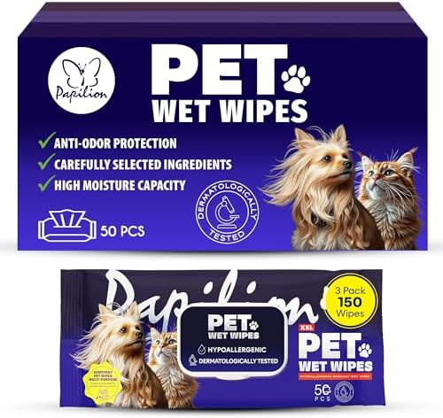 Papilion Pet Wipes for Dogs & Cats, Gentle Grooming & Cleaning Wipes, Safe for Paws, Coat & Face for Daily Use, Paraben-Free, Extra Large All-Purpose Wipes, Flip-Top Pack, 150 Count
