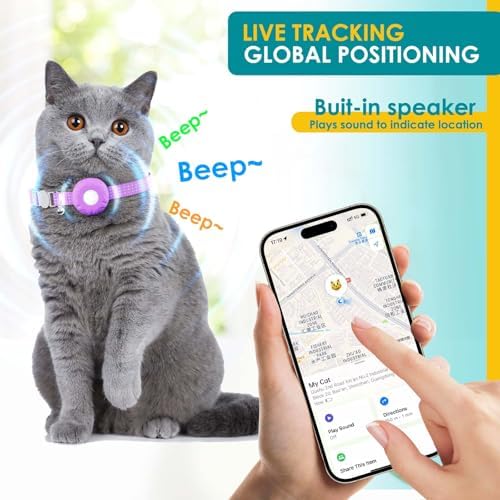 GPS Tracker for Cats, Cat Tracker, Cat GPS Tracker Compatible with Apple Find My App (Only iOS), No Monthly Fee or Subscription (White Tracker, Purple Cat Collar)
