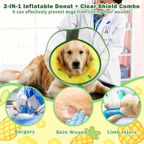EMUST Inflatable Dog Cone Collar to Stop Licking After Surgery, Soft Dog Cone Alternative, Pet Donut Collar for Medium/Large Dogs, Elizabethan Collar for Dogs(Yellow Pineapple, XX-Large)