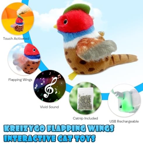 Cat Toys, Flapping Wings Pheasant, No Flying, Chirping Bird Interactive Catnip Toy for Kitten or Small Dogs, Touch Activated, Rechargeable, 3 Modes