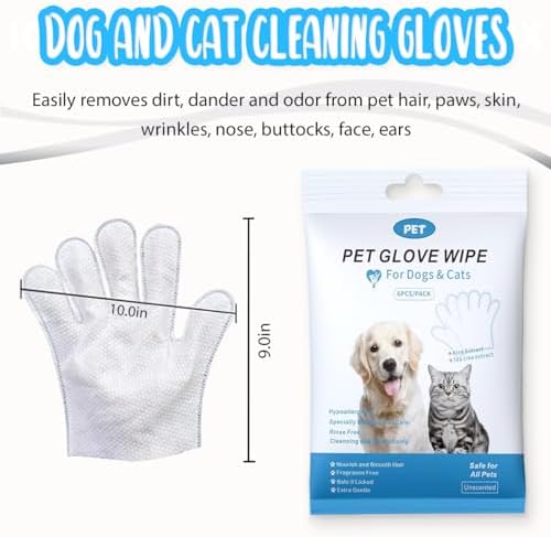 Dog and Cat Cleaning Gloves, Cleaning and Deodorizing Grooming Gloves, Dog and Cat Fur Face, Ears, Eyes, Paws Cleaner, Pet Grooming Wipes, Nourishing Fur, for Daily Care and Travel, No Rinse (12 Pcs)